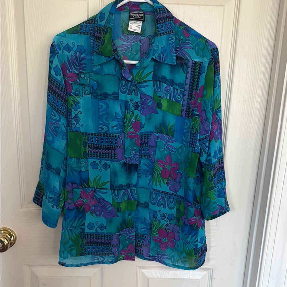 Tropical Blue and Green Women's Top size large